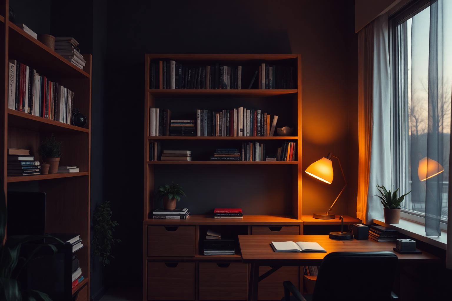 A calm home office at dusk: bookshelves, plants and a warm desk lamp.
