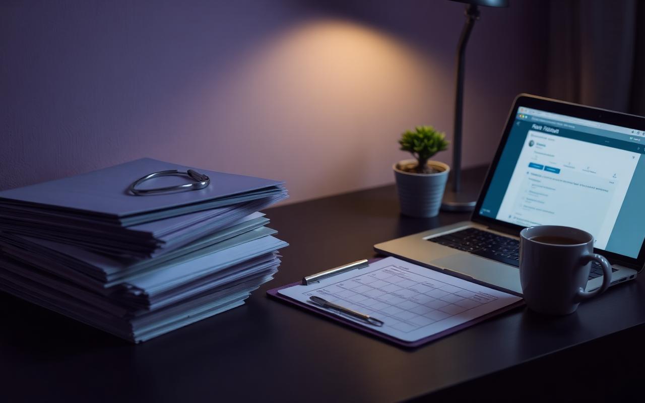A calm desk with neatly stacked folders, a clipboard checklist and a laptop showing an inbox — representing charity admin work being quietly handled.