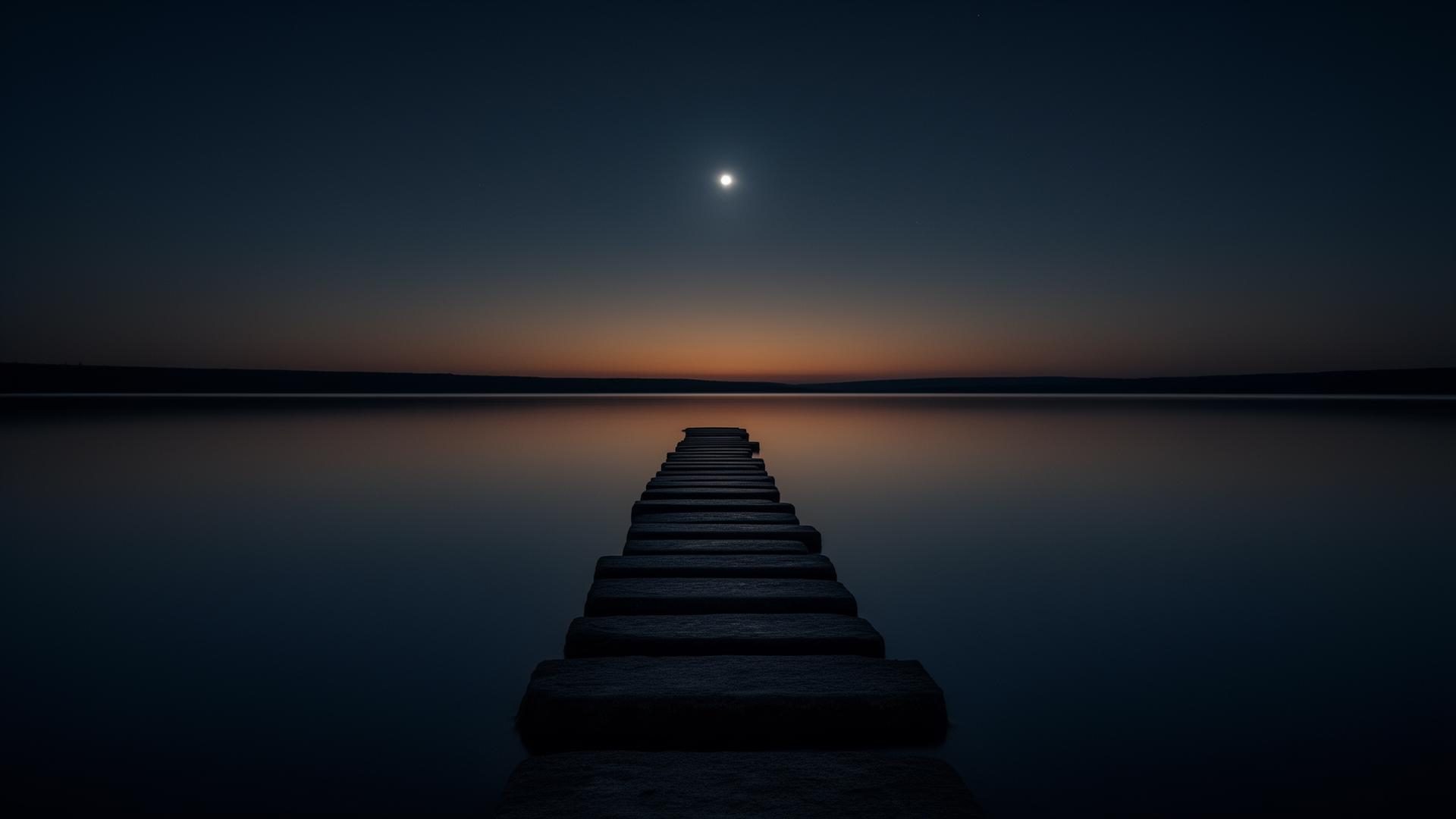 Stepping stones laid across a calm river at dusk.