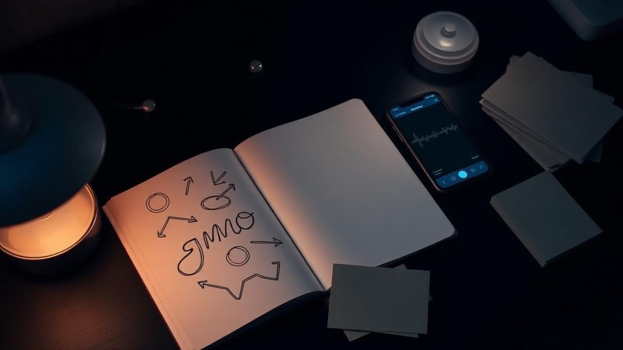 A dark desk lit by a warm lamp with an open notebook of hand-drawn looping arrows, a phone showing a voice memo, and index cards in two piles — representing flexible, non-linear systems.