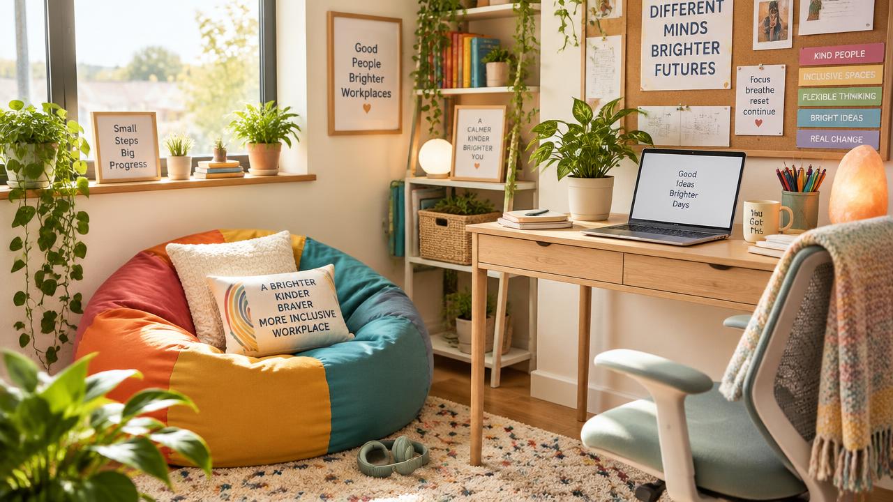 A bright, sunlit small office corner with a colourful beanbag, a wooden desk with a laptop, plants and inclusive artwork on the walls — representing simple, practical workplace inclusion.