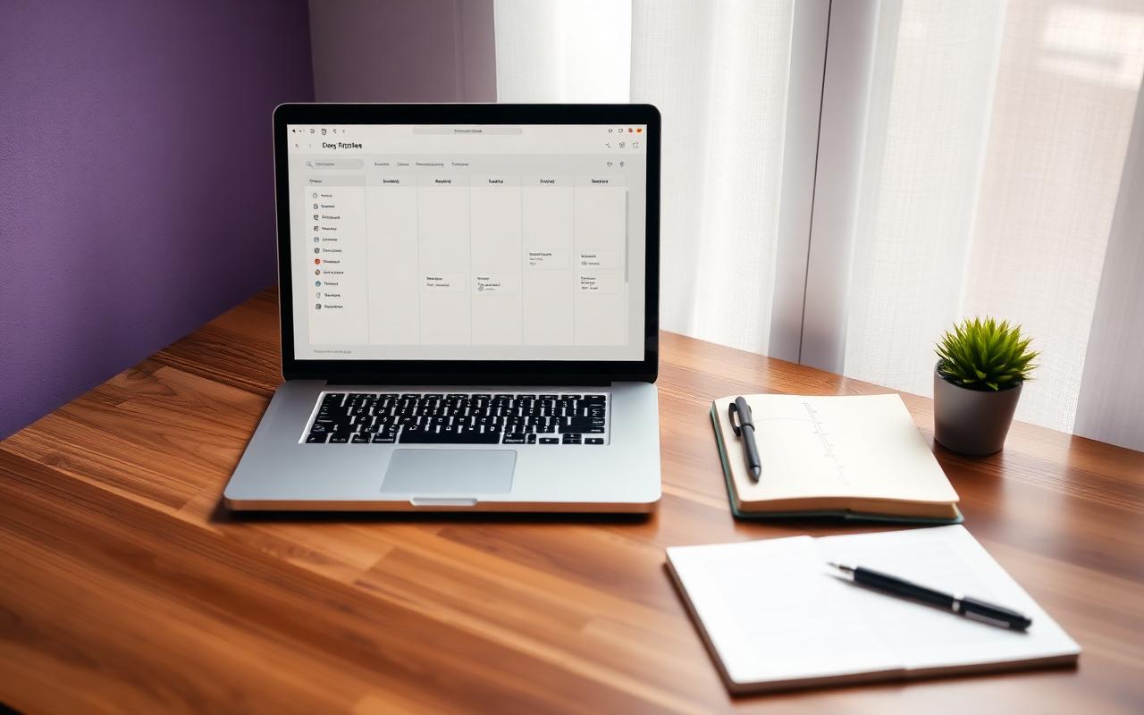 A laptop on a wooden desk showing a simple kanban project board beside a notebook with a timeline — representing remote project management for a small team.