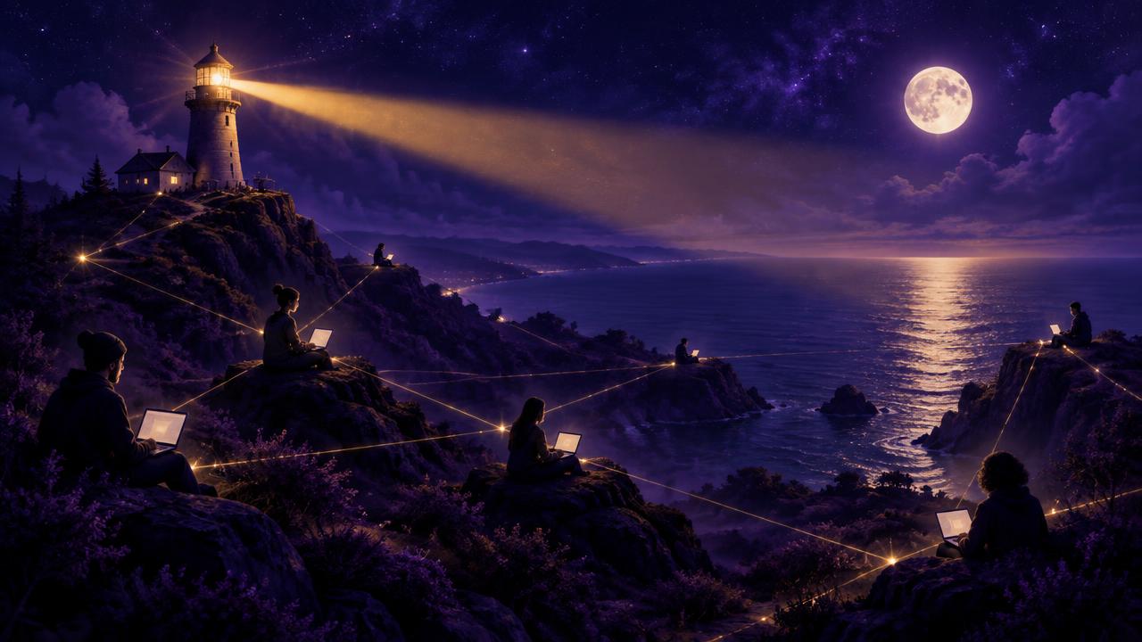 A lighthouse casting a warm golden beam over a moonlit sea, with glowing lines connecting freelancers working on laptops across the landscape — representing a referral network rewarding community contribution.