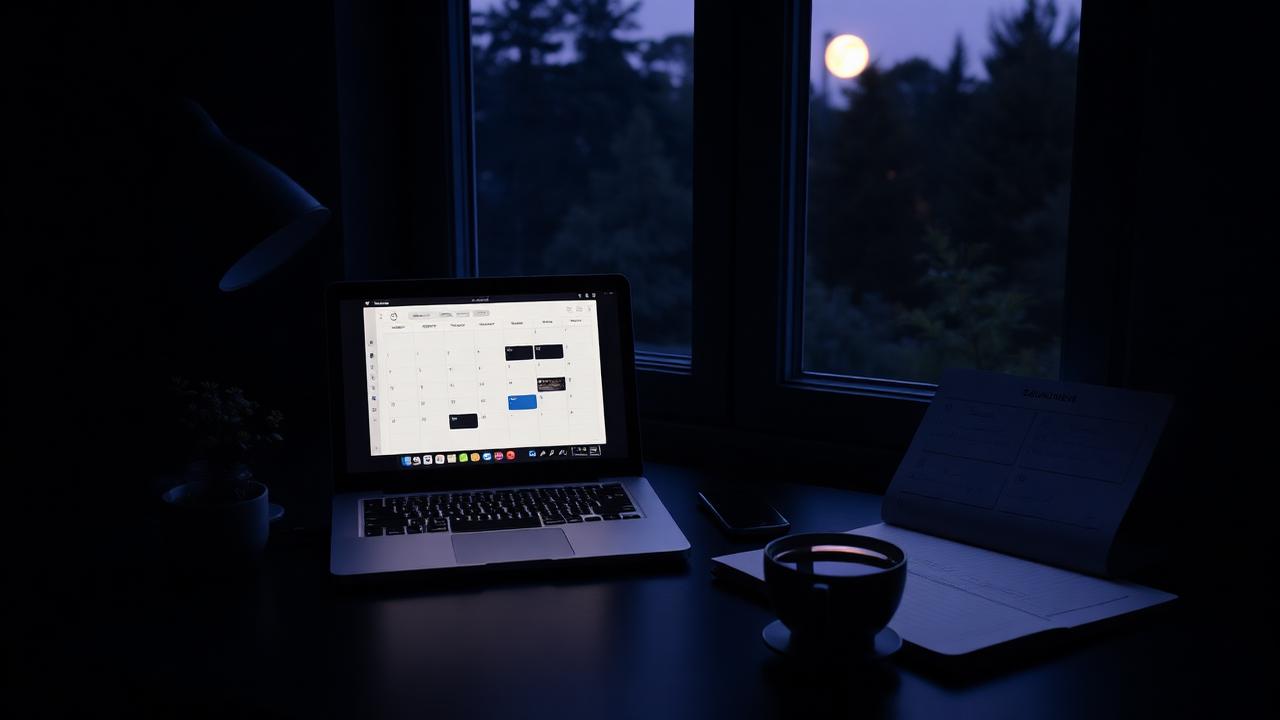 A dark, moody desk with a laptop showing a calm planning calendar, a notebook with a seasonal timeline, and a cup of tea beside a window letting in soft golden summer evening light — representing a quiet summer used to plan ahead.